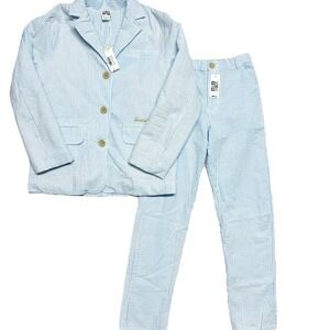 NEW Bonton Boys Seersucker Suit Set 12Y Blue Stripe Blazer Jacket Pants Designer
